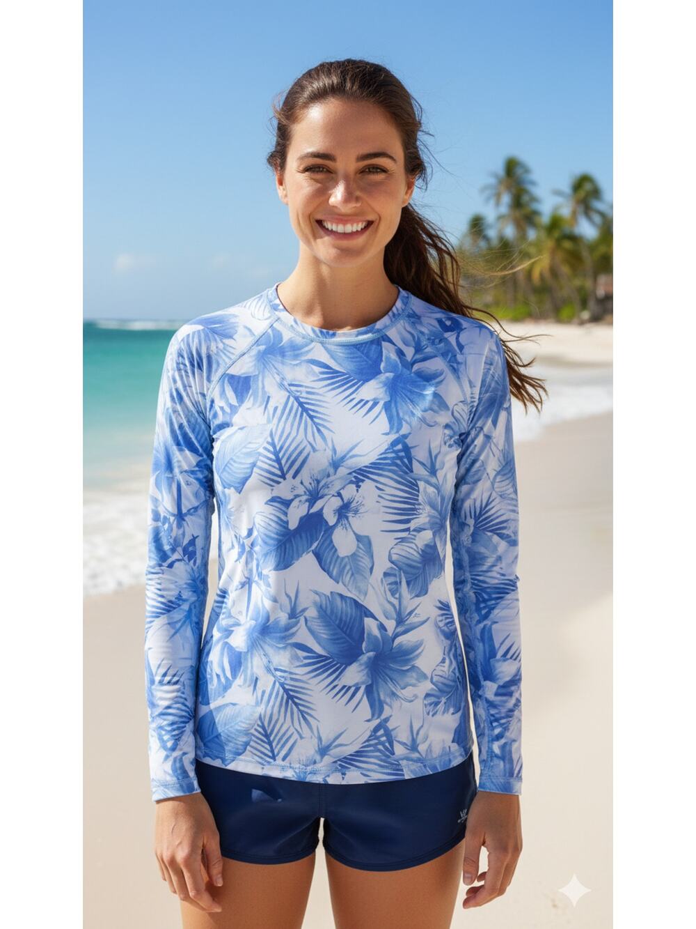 Surf Style Floral Sun Protection Long Sleeve Shirt UPF 50 Blue Womens Medium
